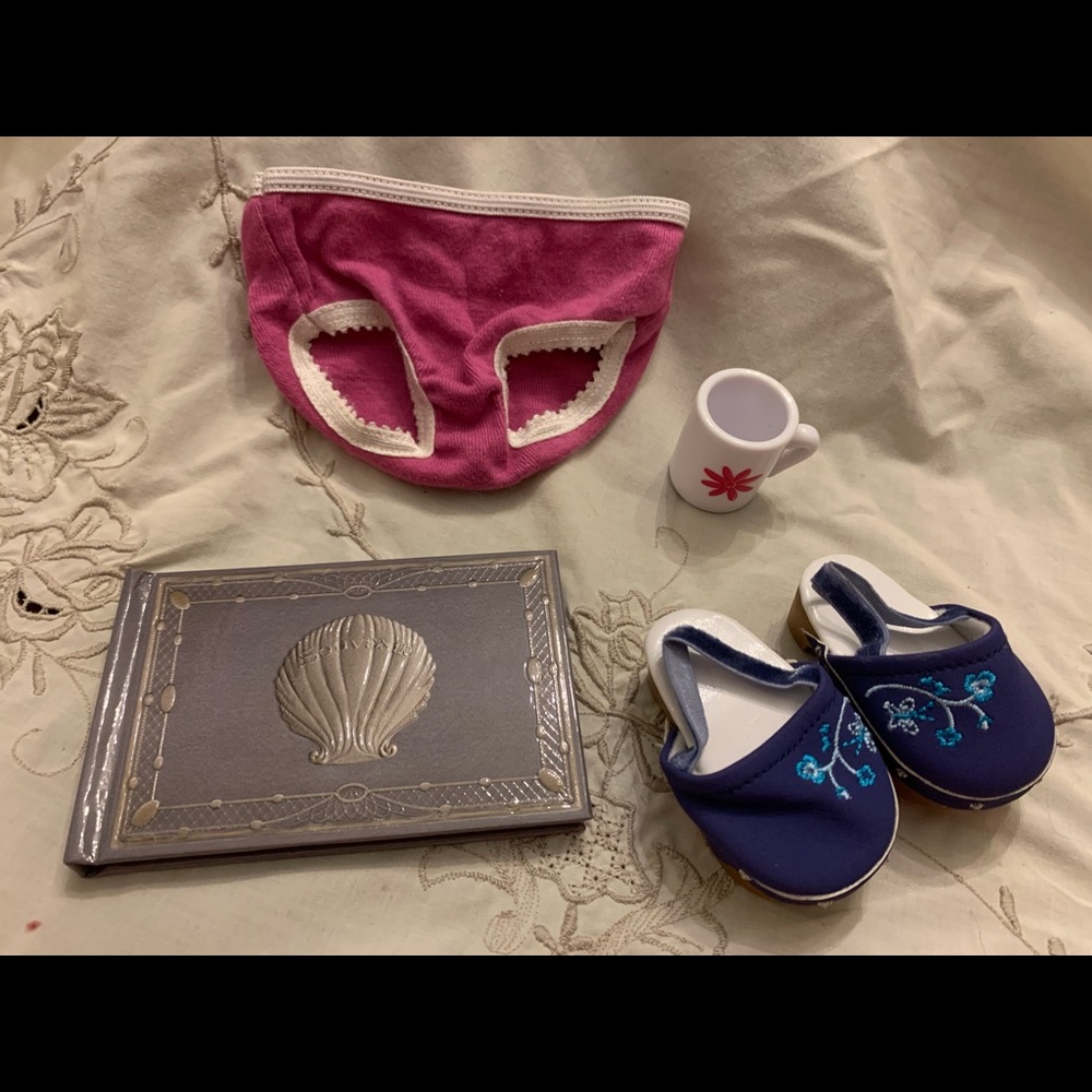 American Girl Misc Lot Rebecca Souvenir Book, Cafe Mug, Blueberry Clogs, Panties